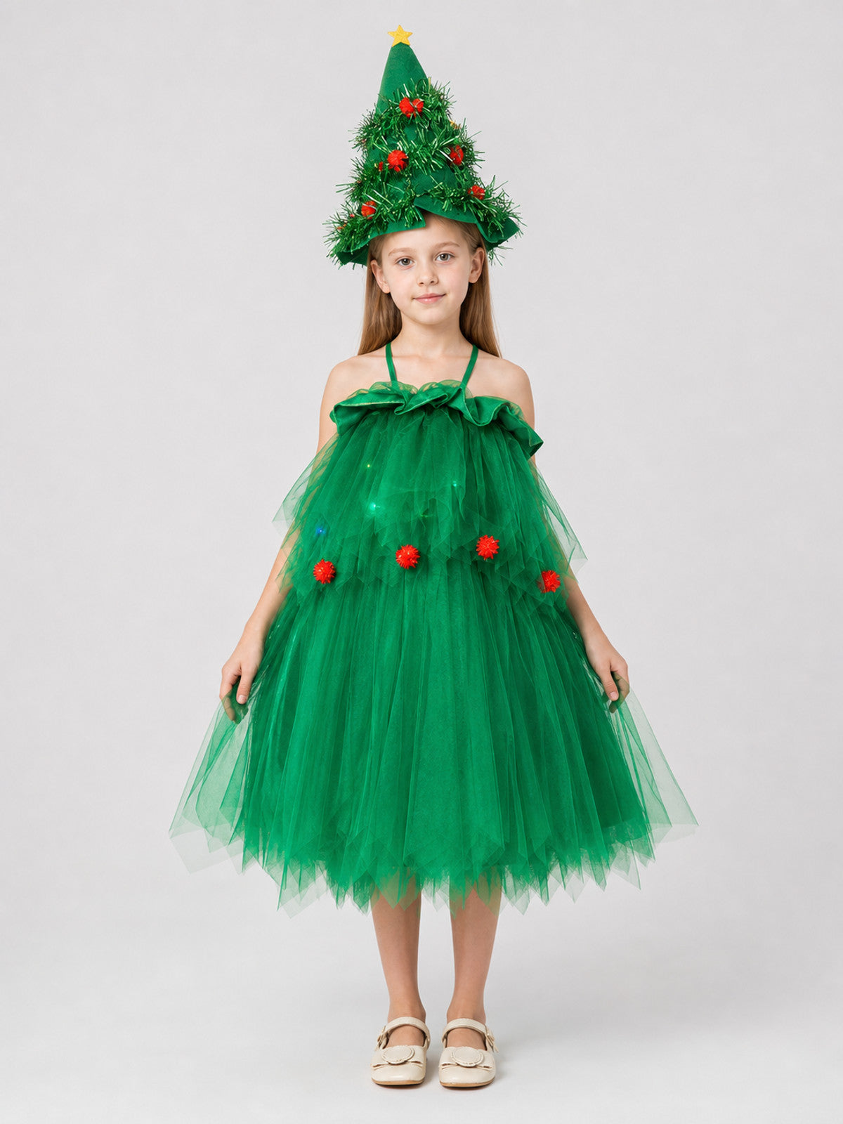 Light-Up Christmas Tree Costume with Dress and Hat on-model view