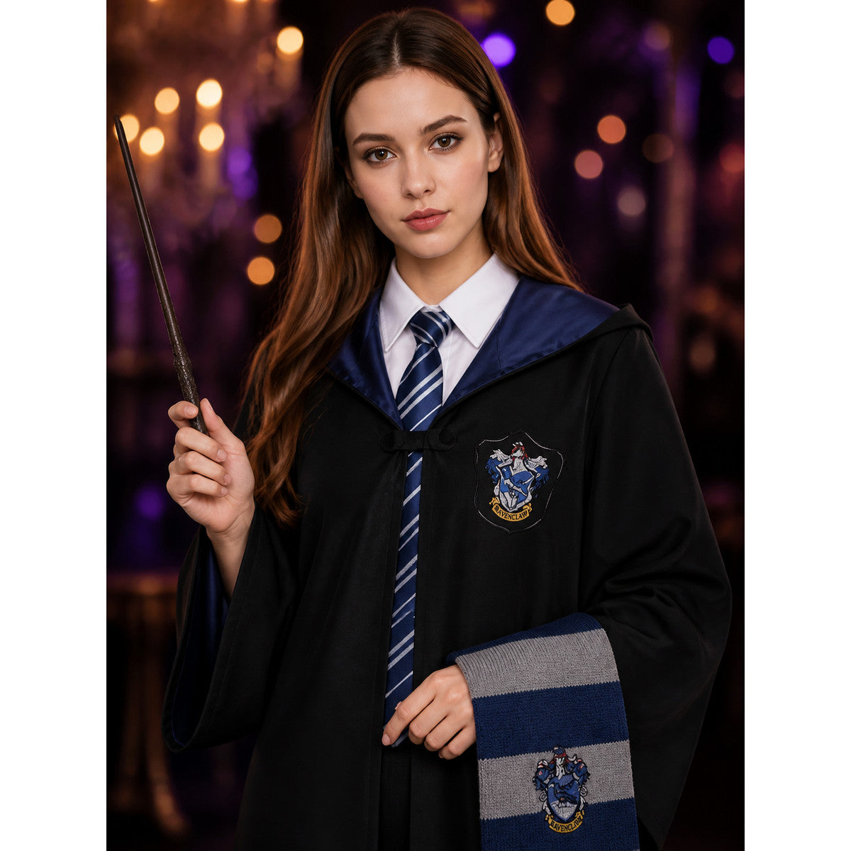 Academy-Themed Wizard Robe Costume Set With Hooded Cloak, Tie And Scarf on-model view