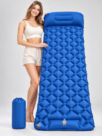 Inflatable beach mat blue with headrest and cover
