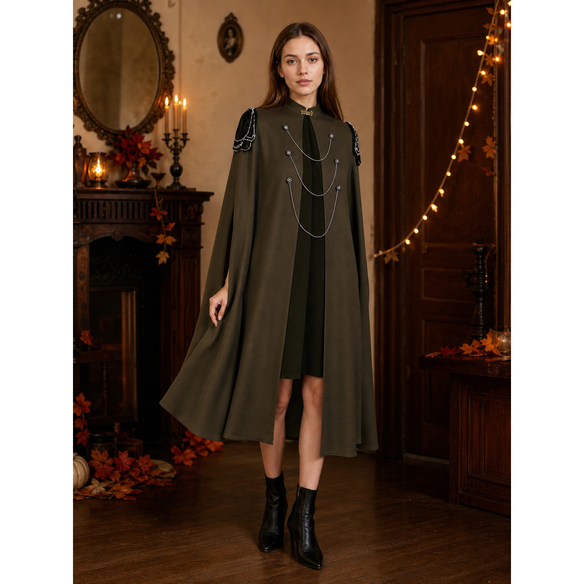 Medieval Gothic Cape Cloak, 1-Piece Sleeveless Stand Collar Front-Open Draped Costume With Metal Chain Details For Cosplay Role Play
