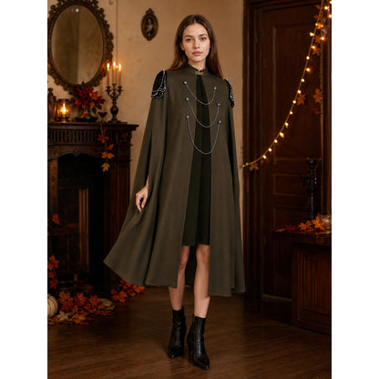 Medieval Gothic Cape Cloak, 1-Piece Sleeveless Stand Collar Front-Open Draped Costume With Metal Chain Details For Cosplay Role Play