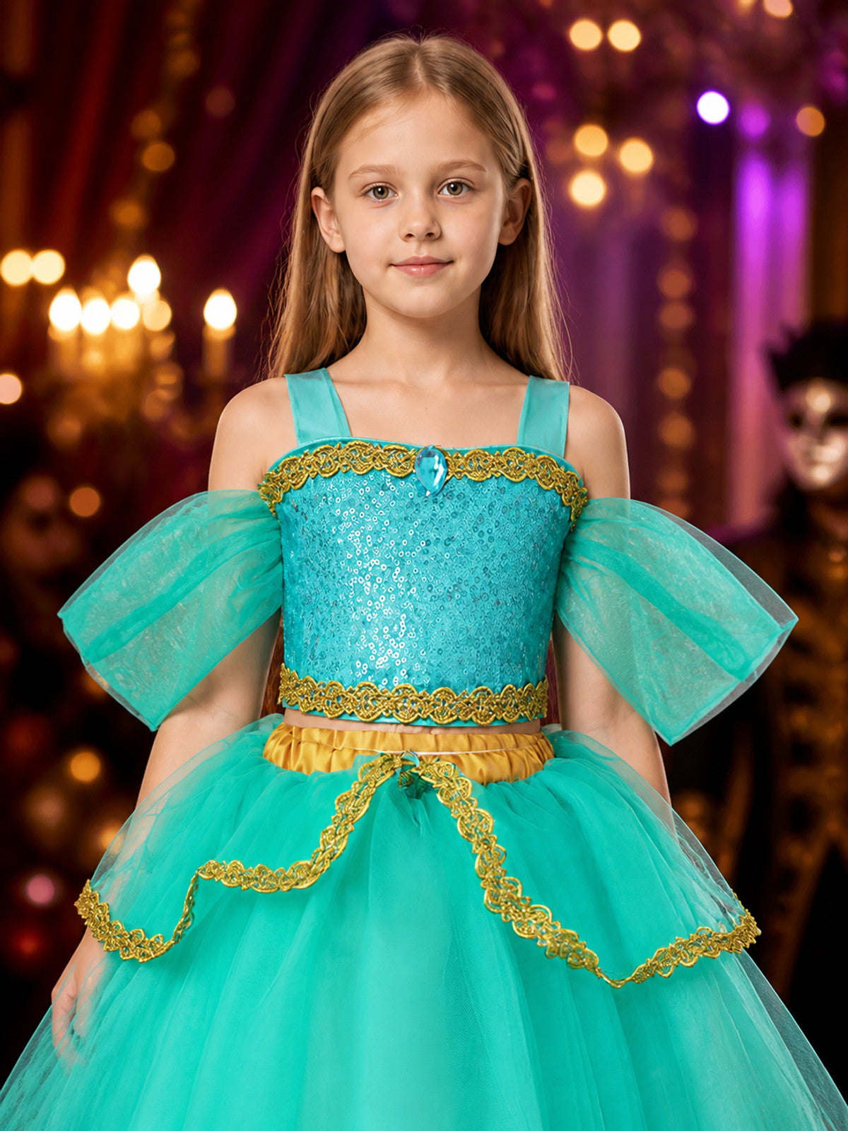 Toddler Girls' Jasmine Princess Two-Piece Sequined Halloween Costume Set on-model view