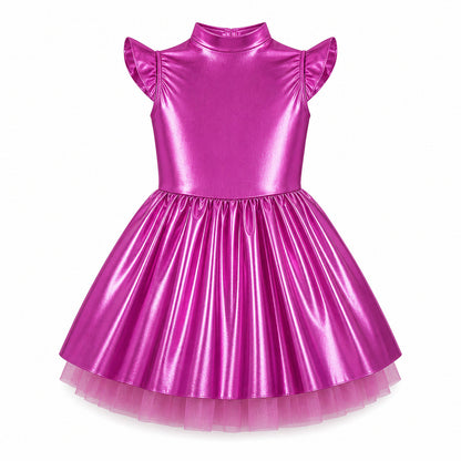 Children Girls Shiny Halloween Alien Cosplay Fancy Costume Space Robot Astronaut Galaxy Warrior Dress Up Leotards Tutu Dress - Color:Hot Pink