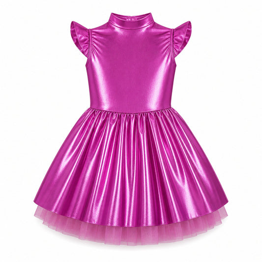 Children Girls Shiny Halloween Alien Cosplay Fancy Costume Space Robot Astronaut Galaxy Warrior Dress Up Leotards Tutu Dress - Color:Hot Pink