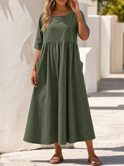 Olive Loose-Fit Dress with 3/4 Sleeves