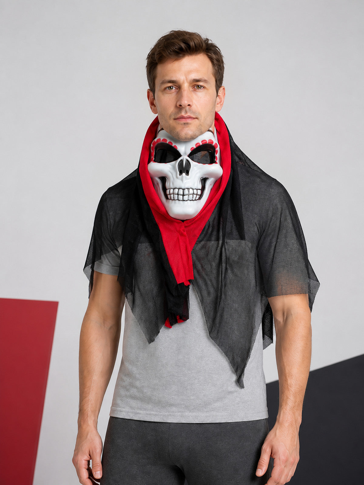 White Skeleton Carnival Mask with Red-and-Black Cape