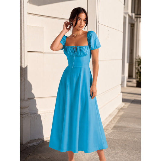 Women’s blue midi dress with a square neckline