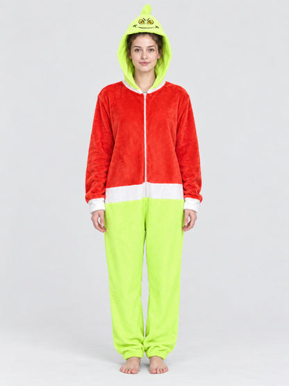 Flannel Hooded Zip Pajama Jumpsuit, Red