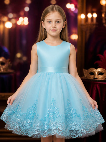 Girls' Princess Dress, Sleeveless Tulle Dress With Lace Trim, Sky Blue on-model view