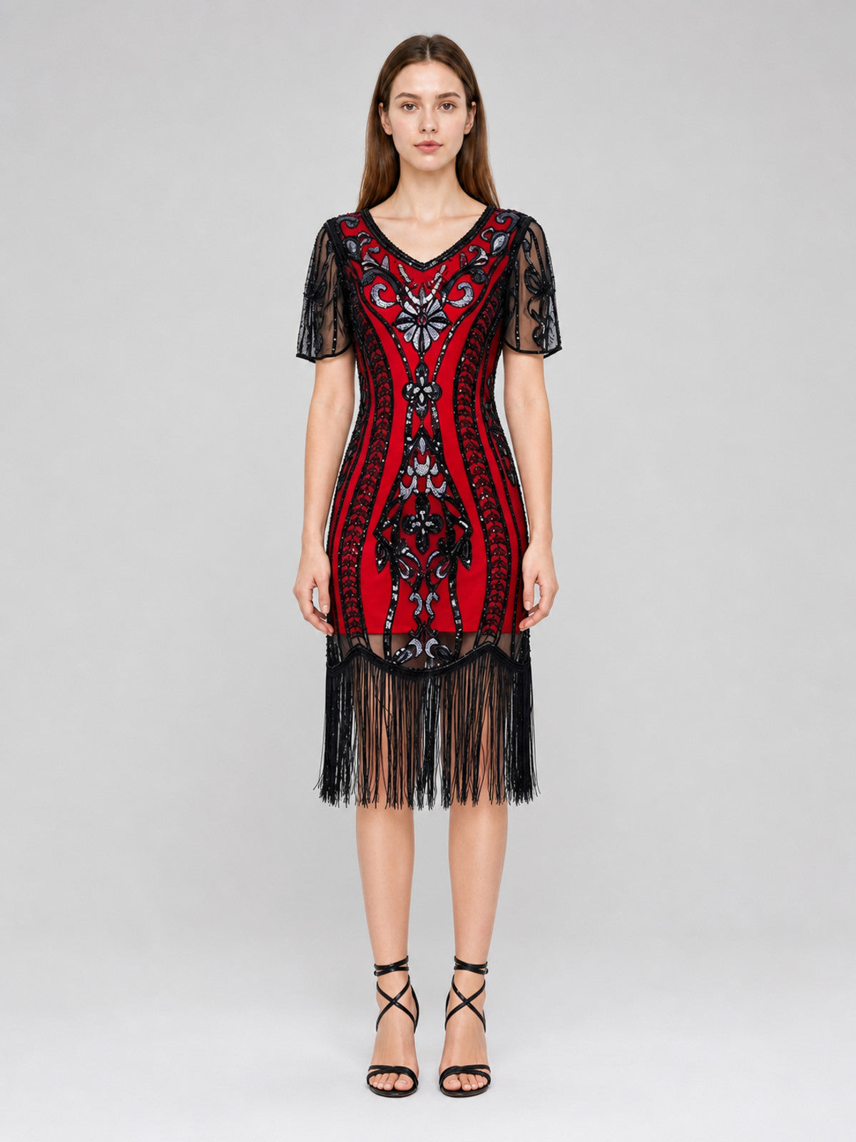 Vintage Flapper Dress with Fringe and Sequins front view