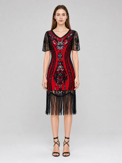 Vintage Flapper Dress with Fringe and Sequins front view