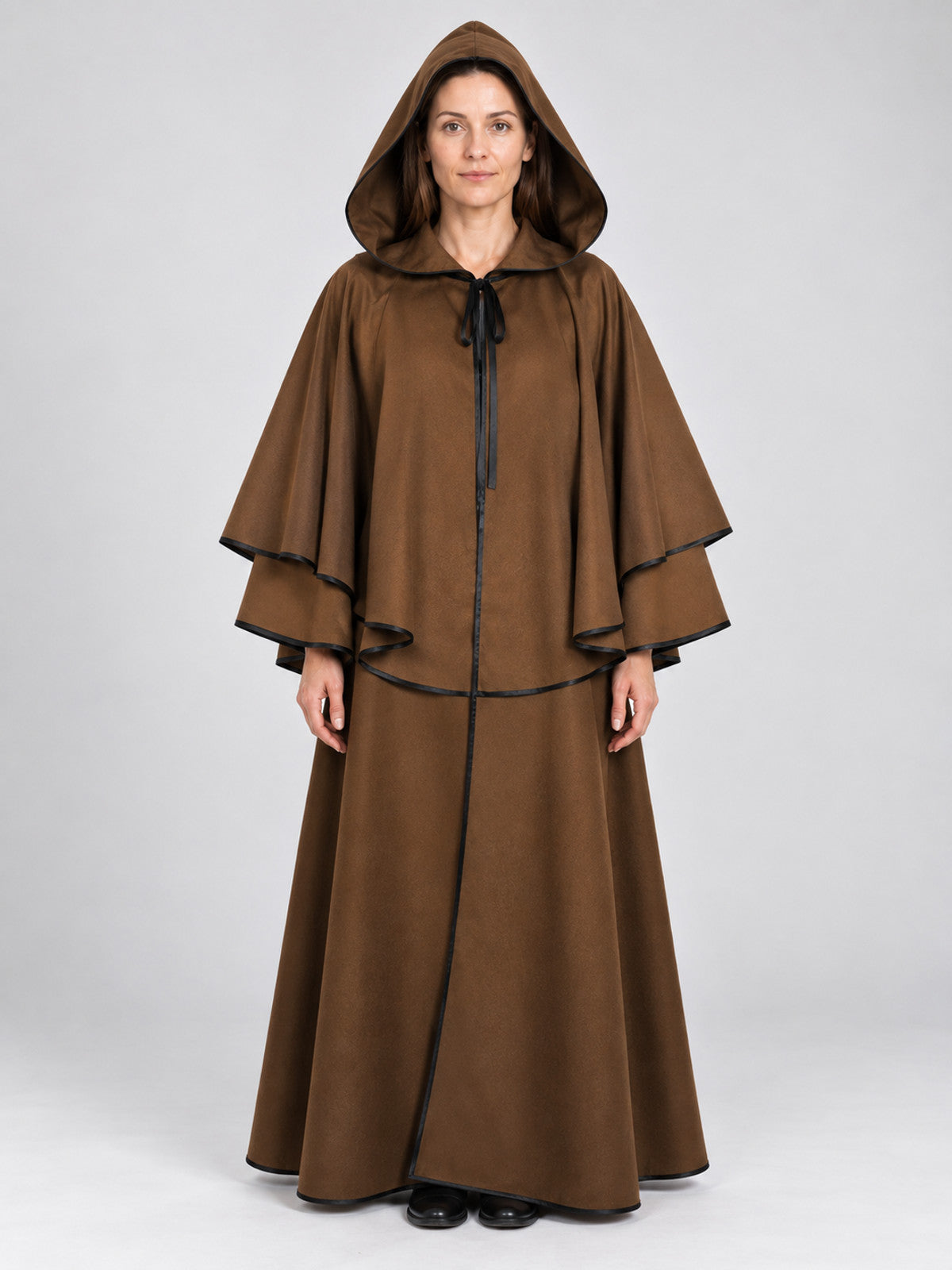 Long Brown Cloak with Hood and Layered Cape