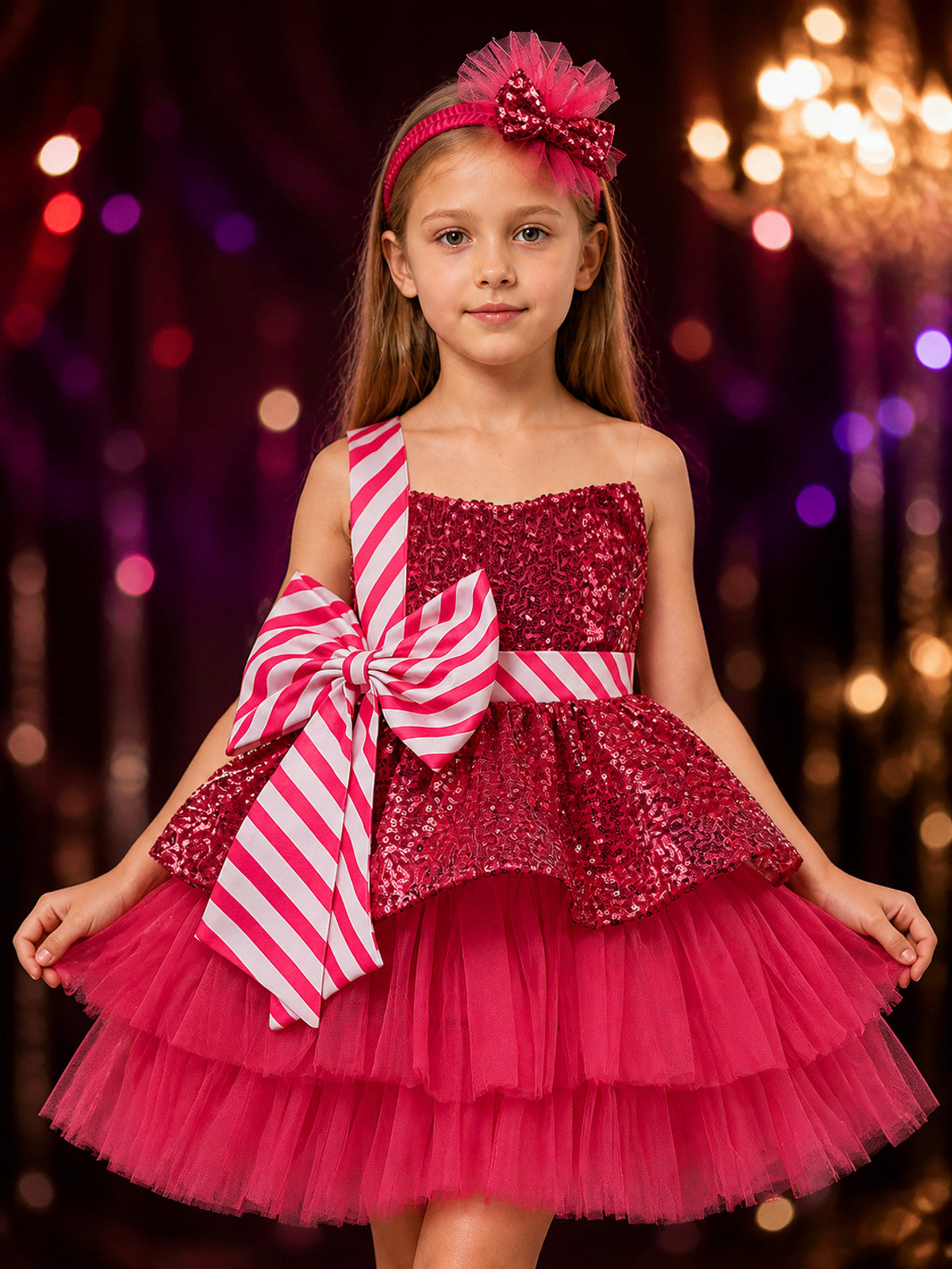 Girls' Christmas Sequin Tutu Dress Costume Set With Headband on-model view