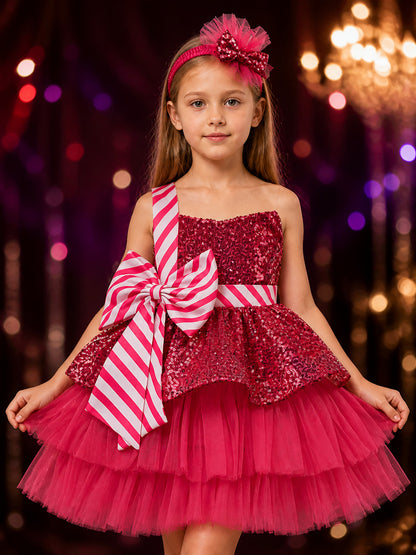 Girls' Christmas Sequin Tutu Dress Costume Set With Headband on-model view