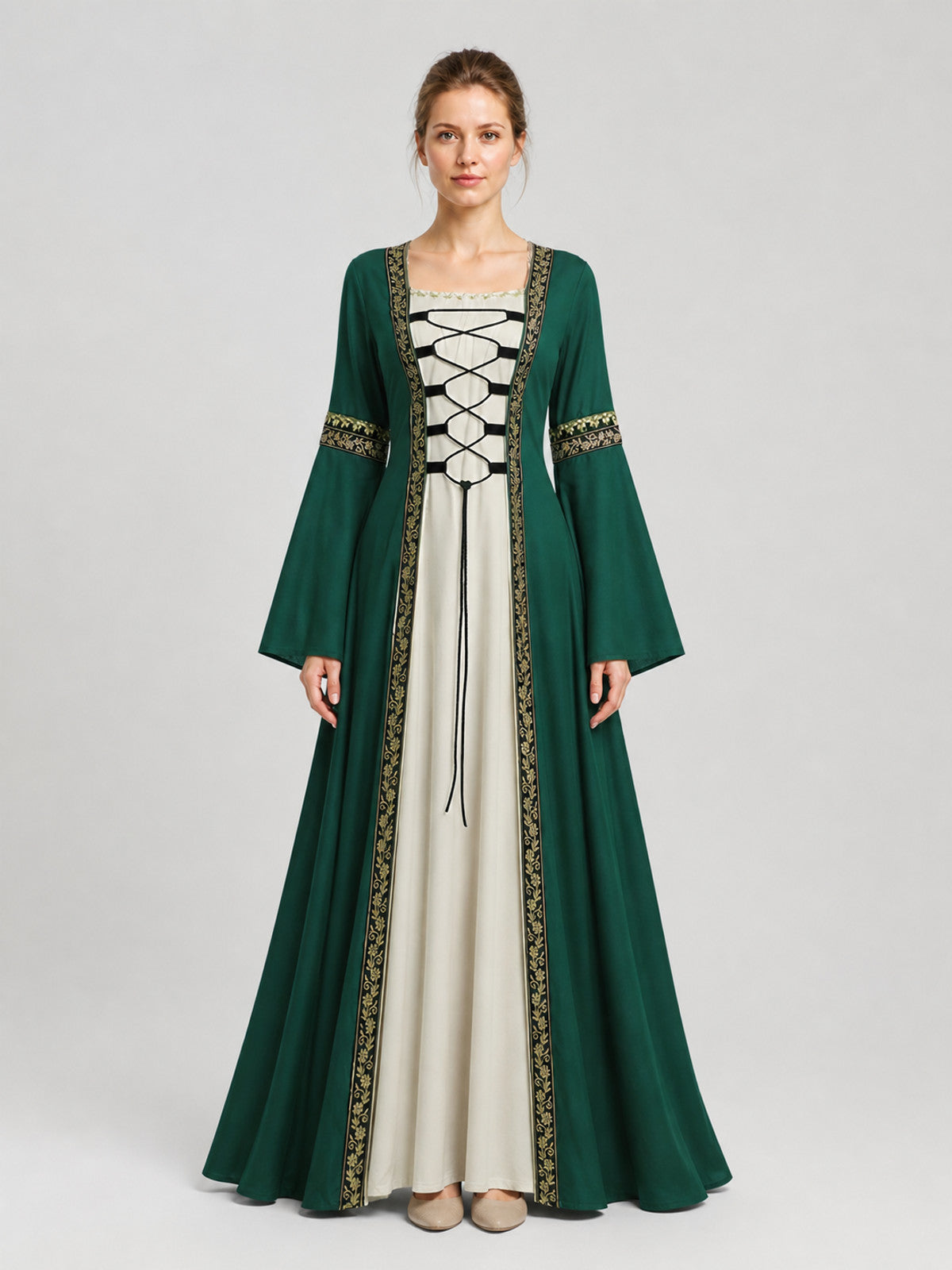 Long Medieval-Style Dress with Flared Sleeves on-model view