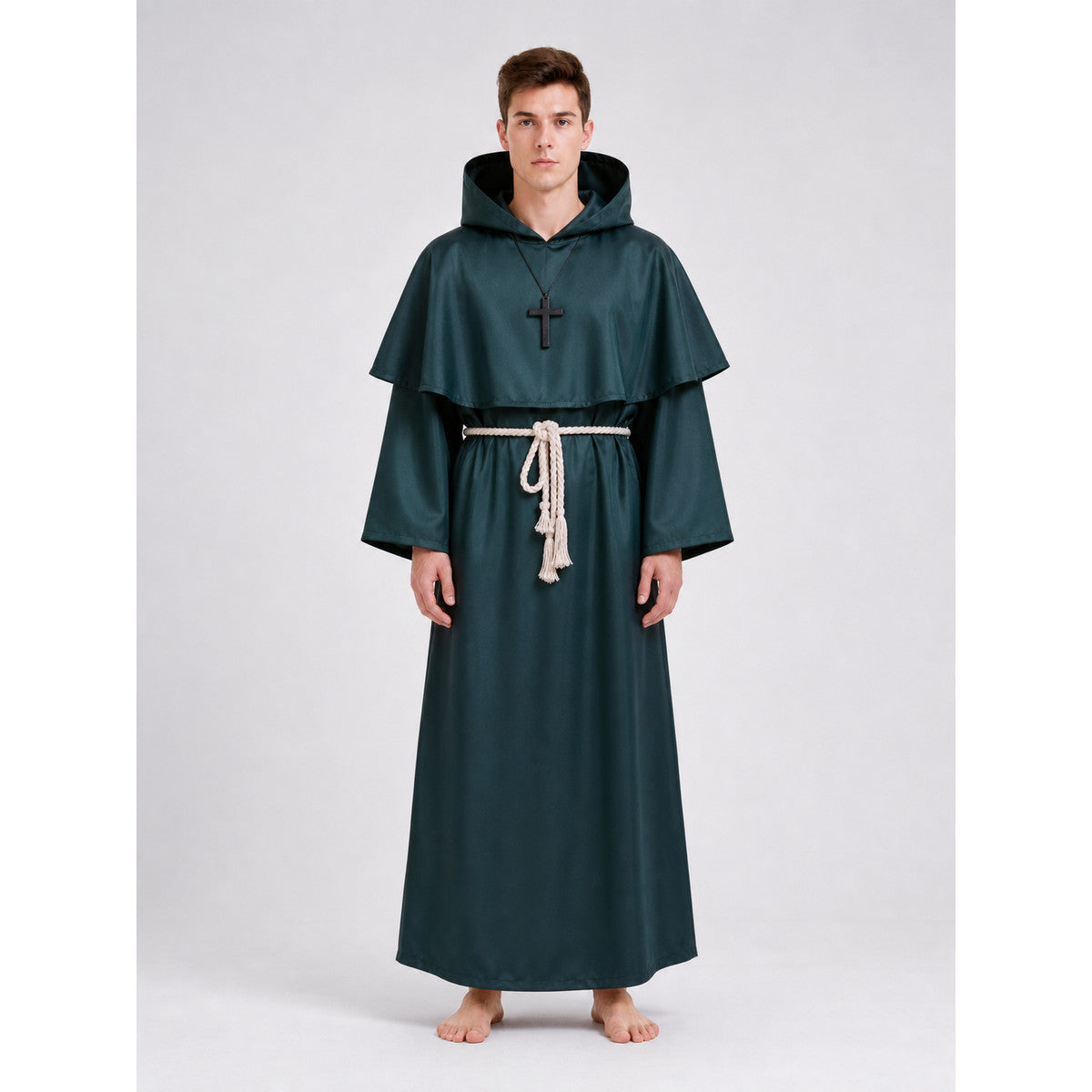 Medieval hooded costume robe for cosplay on-model view