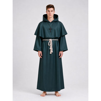 Medieval hooded costume robe for cosplay on-model view