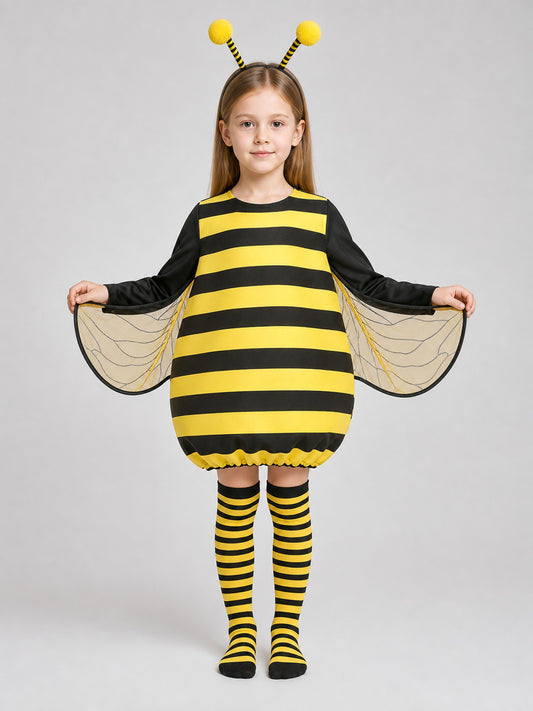 Black-and-yellow striped children's costume with mesh wings and antenna headband, shown full-body on a child against a gray studio background