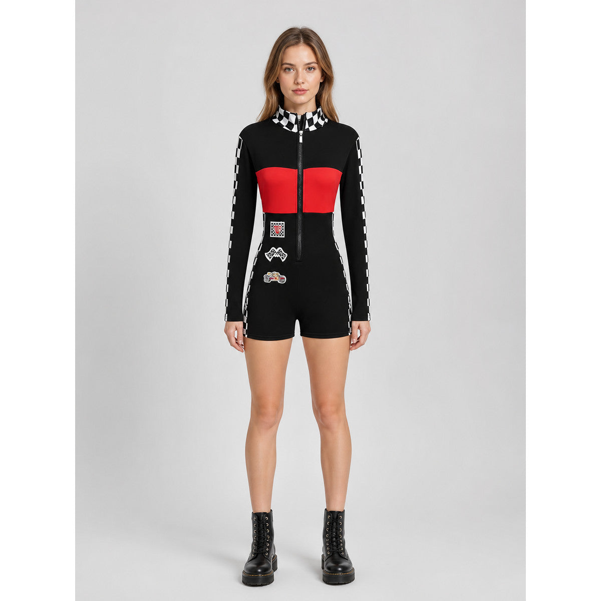 Jumpsuit with a checkerboard print and red panel