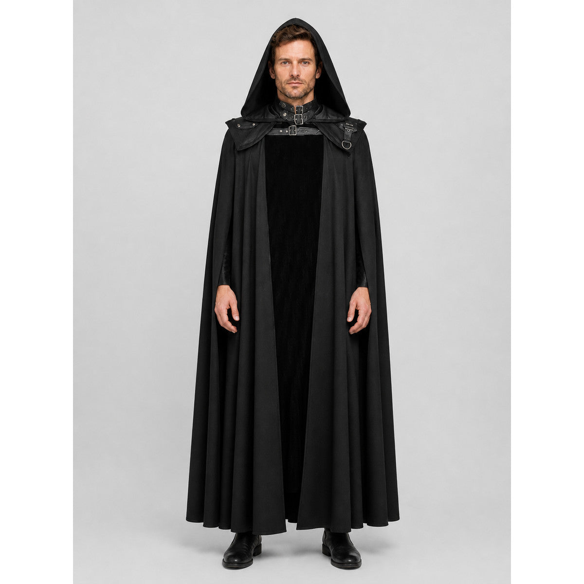 Gothic Black Hooded Cape for Halloween and Cosplay on-model view