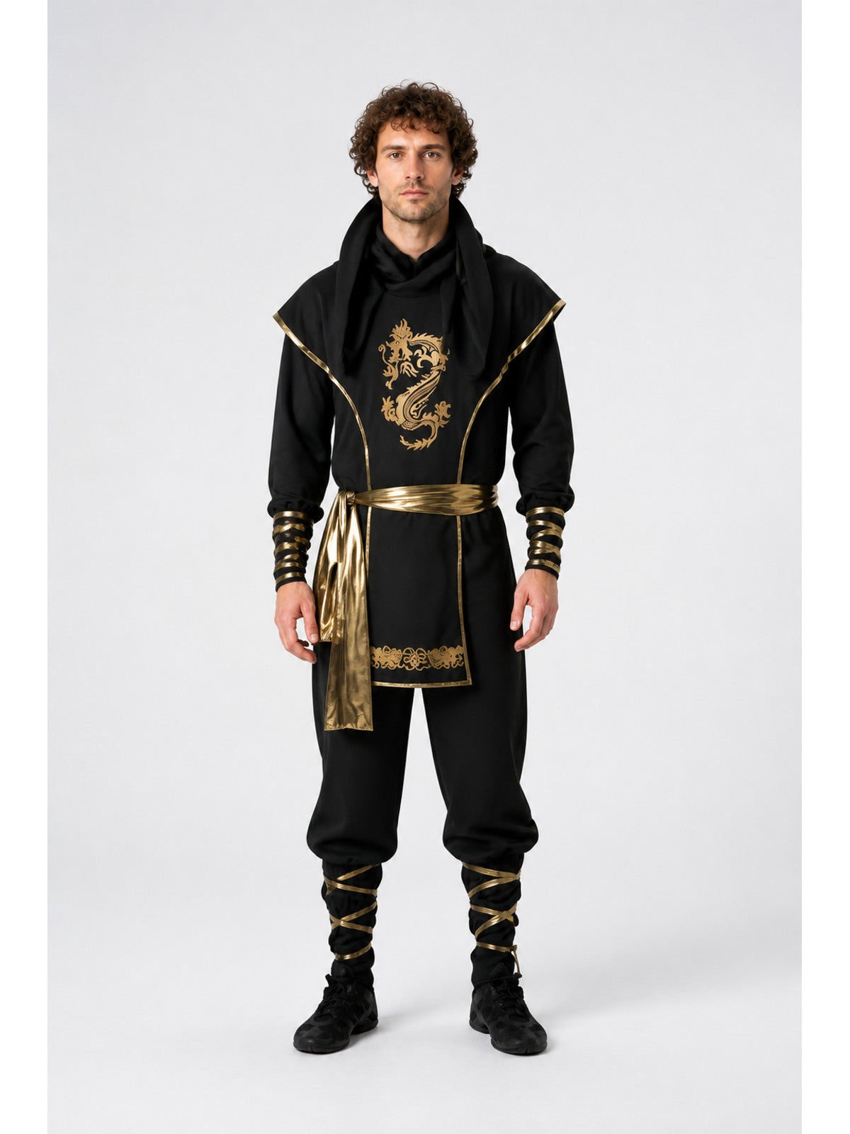 Black Ninja Costume with a Golden Dragon and Hood main product view