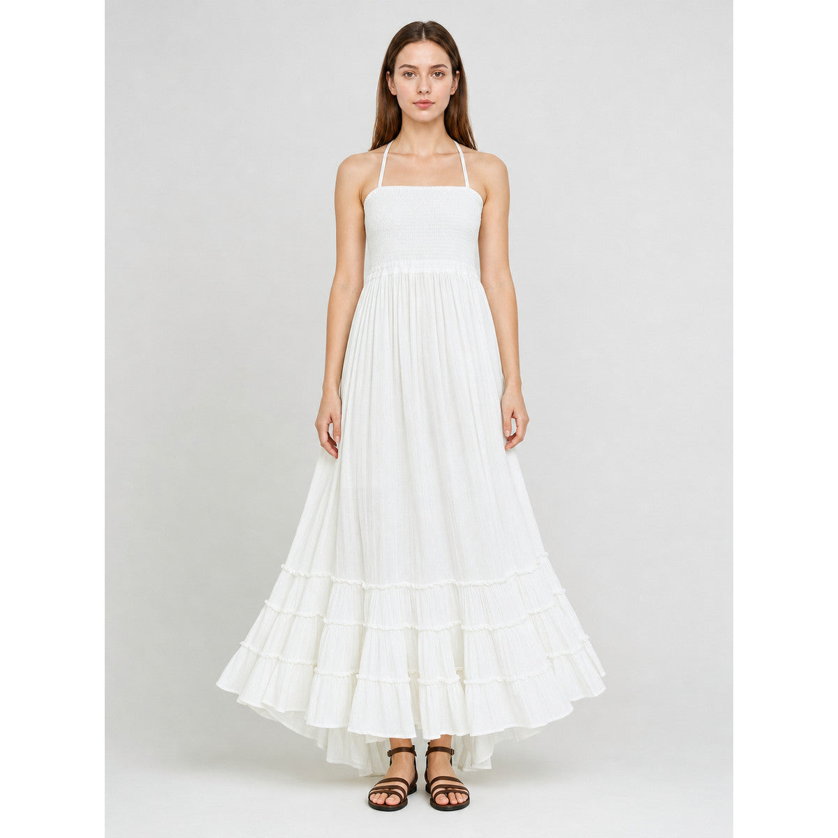 White Boho Maxi Dress with Open Back on-model view