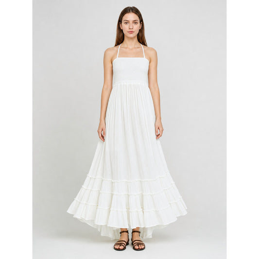 White Boho Maxi Dress with Open Back on-model view
