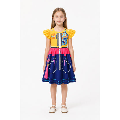 Colorful Children's Dress with Lightning Print and Ruffles