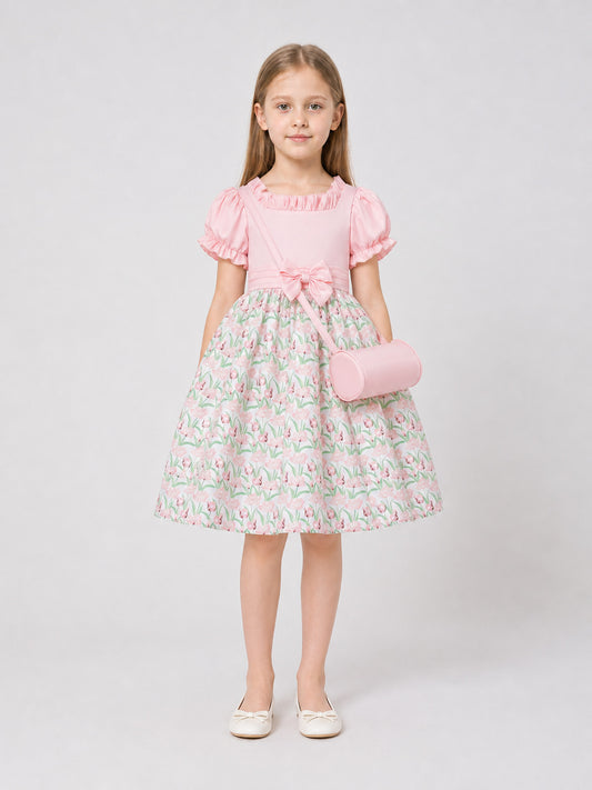 Princess Dress with Puff Sleeves for Flower Girls on-model view