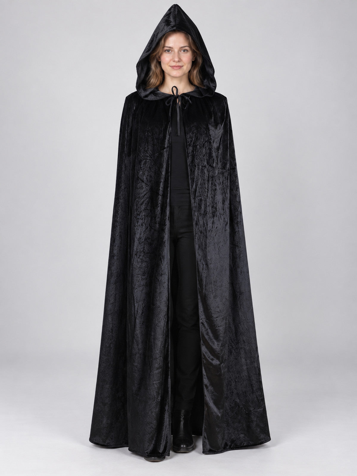 Long black hooded cloak cape made of thick velvet