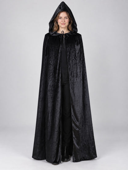 Long black hooded cloak cape made of thick velvet