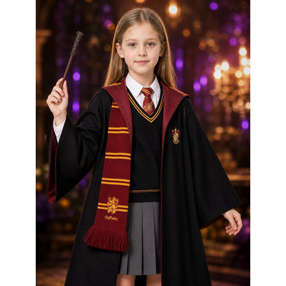 Hooded Wizard Robe Costume Set with Tie, Scarf, Shirt, Vest, Skirt and Wand on-model view