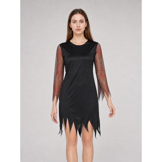 Halloween costume set for a standout look and themed events. The set includes a pointed wide-brim hat and a one-piece long-sleeve dress. The style is mostly black, while the semi-sheer sleeves made from lightweight mesh have a dark red-and-