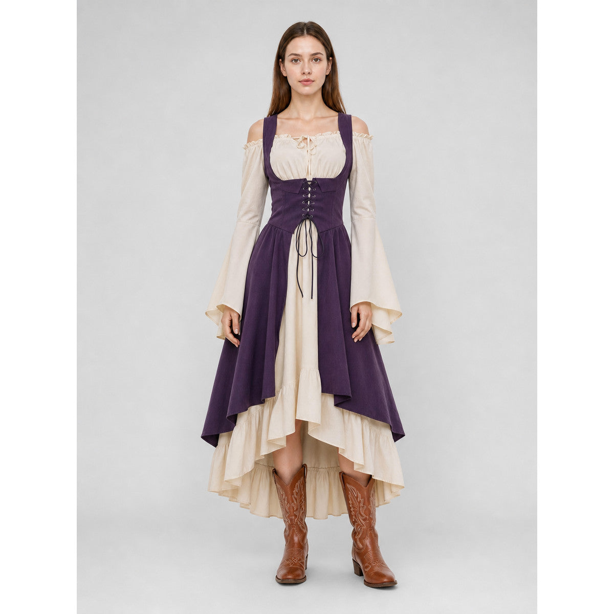 Purple Retro-Style Lace-Up Pinafore Dress on-model view