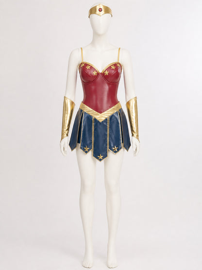 Adult Wonder Woman-Inspired Bodysuit Costume Set with Headpiece and Arm Sleeves on-model view