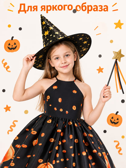 Kids' costume dress with pumpkin print and black hat