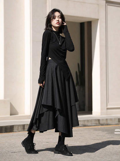 Women's Black Long Skirt with an Asymmetrical Hem main product view