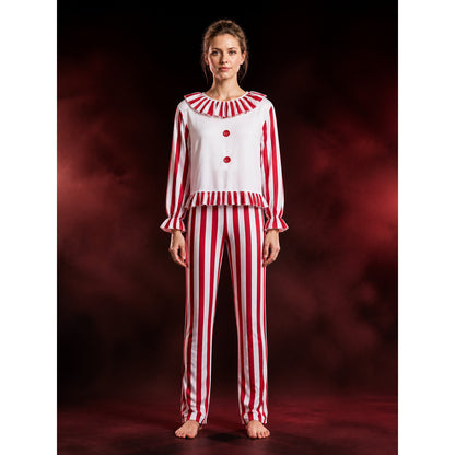 Red And White Striped Clown Costume Set, Ruffle Long-Sleeve Top And Pants main product view
