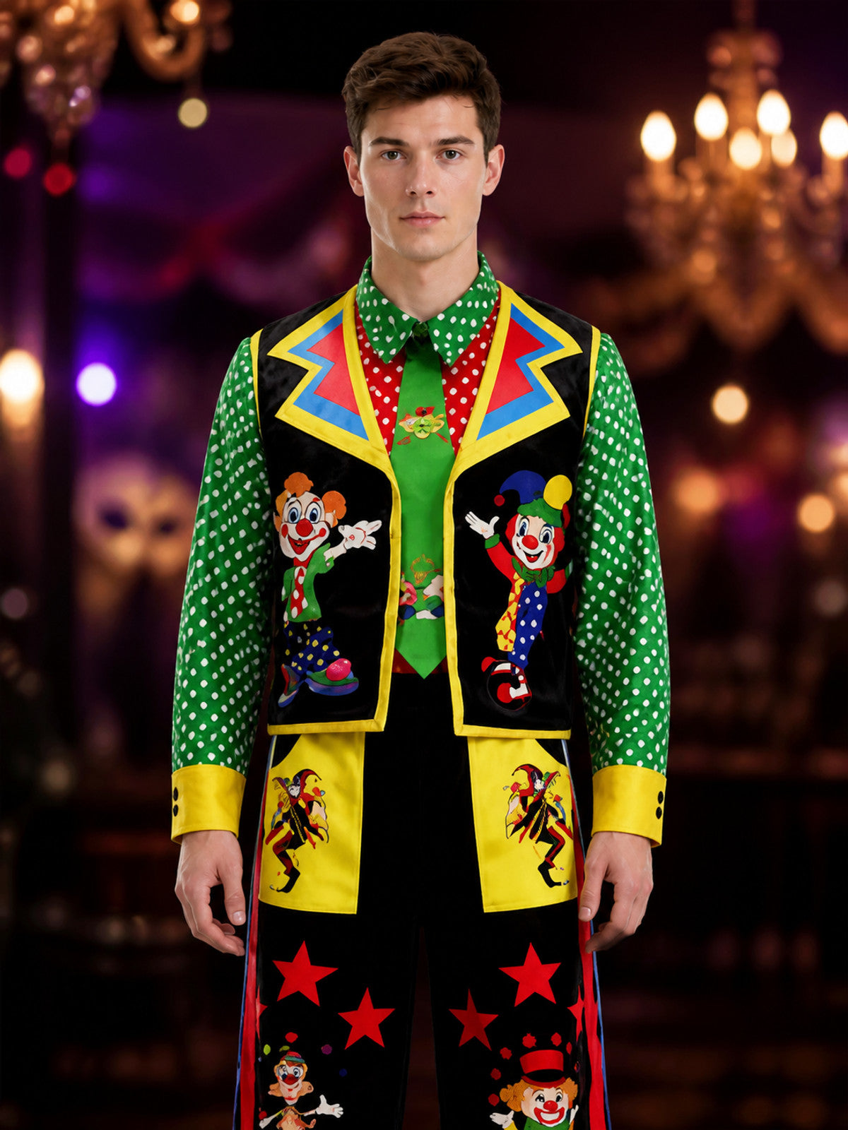 Clown Jumpsuit Costume for Masquerades and Performances on-model view