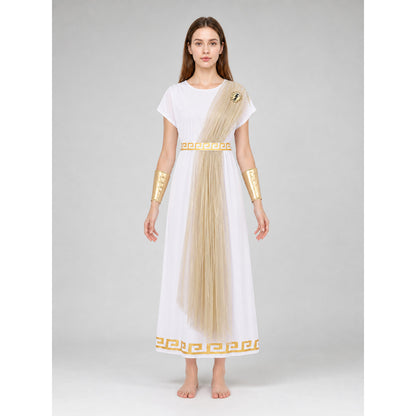 The Greek-style costume is designed as a classic draped garment with decorative details. The set includes a white tunic with sleeves, a belt or decorative sash with gold-tone trim, a long semi-transparent drape in a champagne shade, a pair 