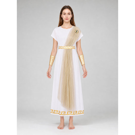 The Greek-style costume is designed as a classic draped garment with decorative details. The set includes a white tunic with sleeves, a belt or decorative sash with gold-tone trim, a long semi-transparent drape in a champagne shade, a pair 