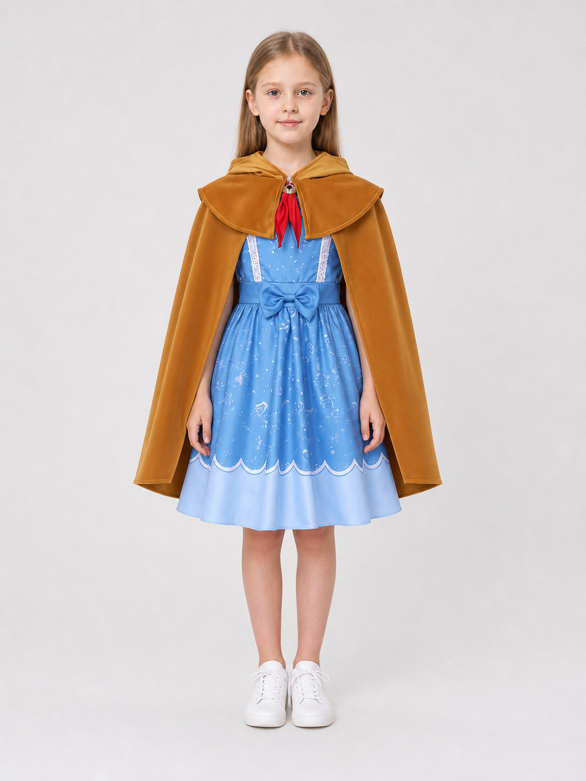Holly Cosplay Costume, Dress, Cape, and Red Scarf on-model view