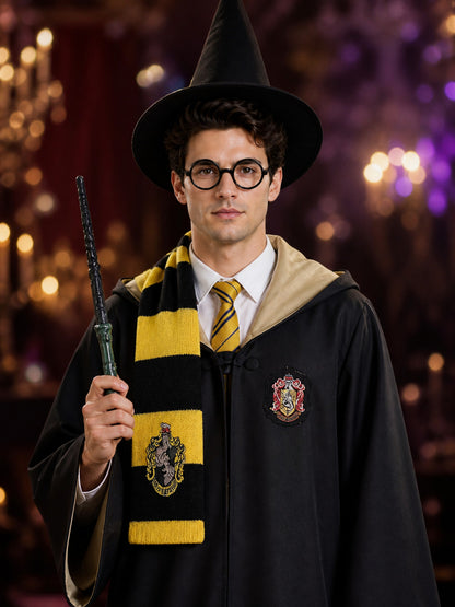 Wizard Halloween Costume Set - Black Hooded Robe with Striped Tie, Scarf on-model view