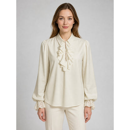 Cream Ruffled Blouse with Lace Cuffs on-model view