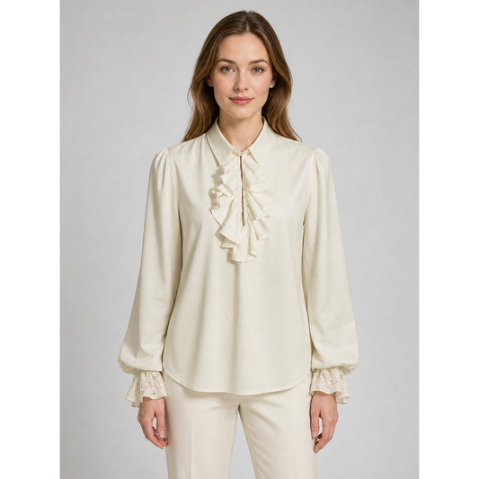 Cream Ruffled Blouse with Lace Cuffs
