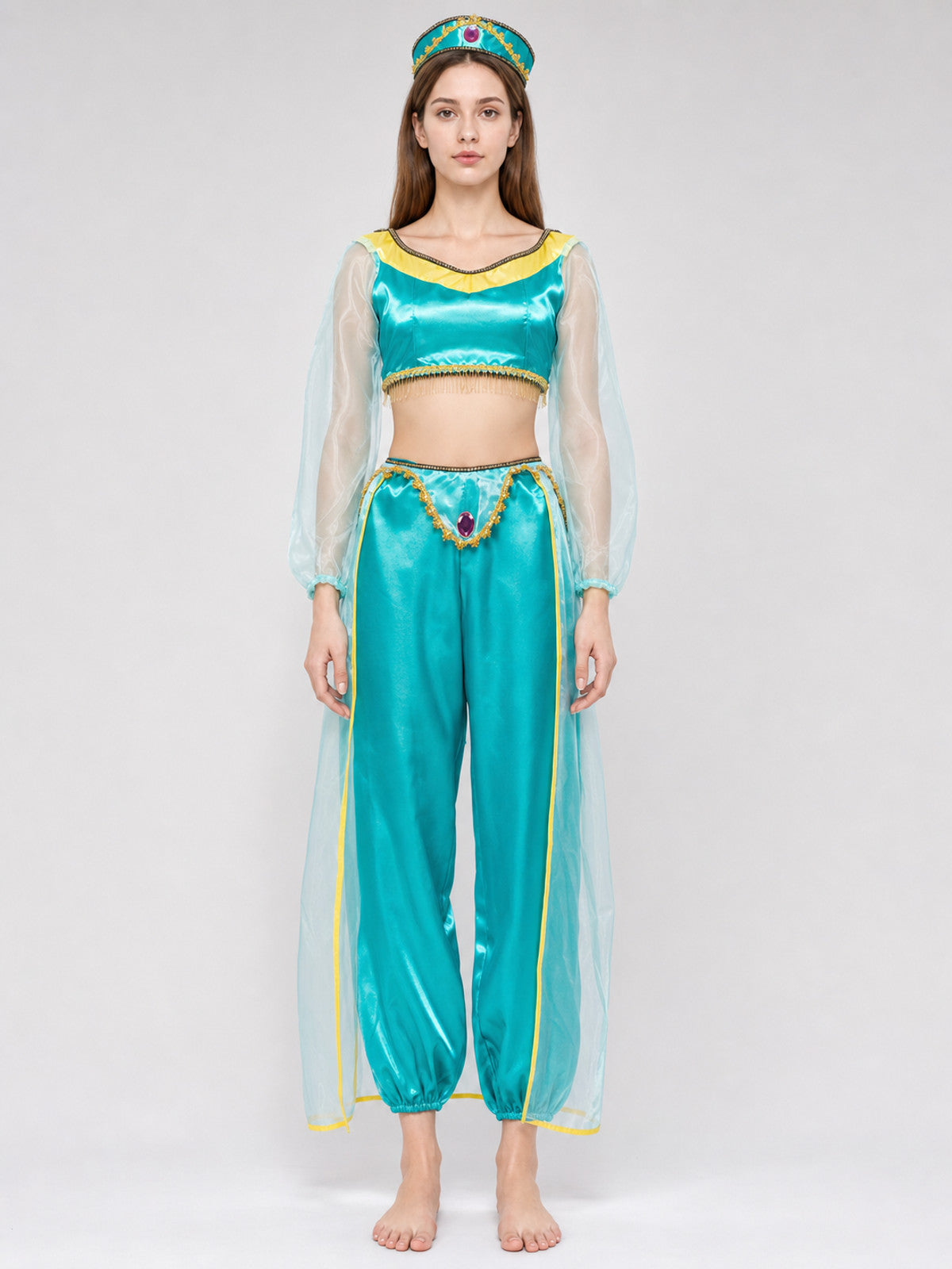 Cosplay Costume: Top, Pants, and Headpiece on-model view