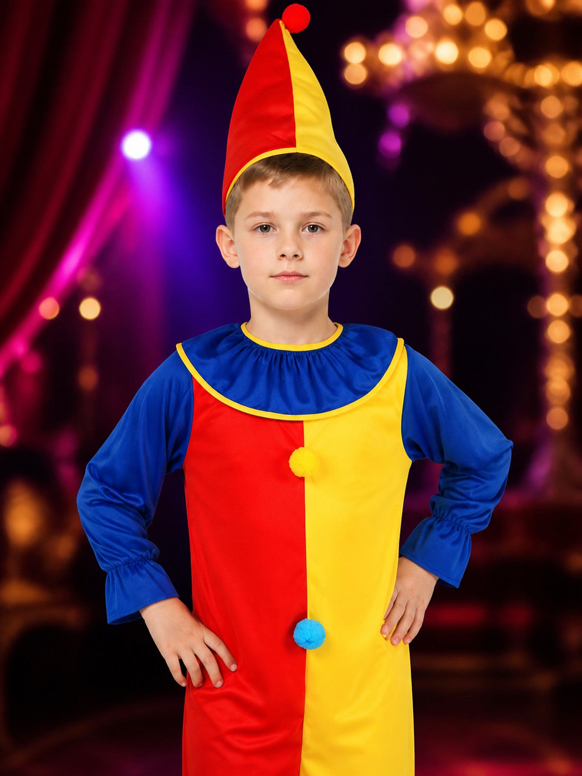 Boys' Clown Jumpsuit Costume Set With Hat, Halloween Cosplay Outfit on-model view