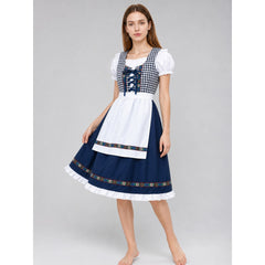 Women's Navy Plaid Bavarian Dirndl Dress Costume – Long Oktoberfest Dress with White Apron & Headscarf