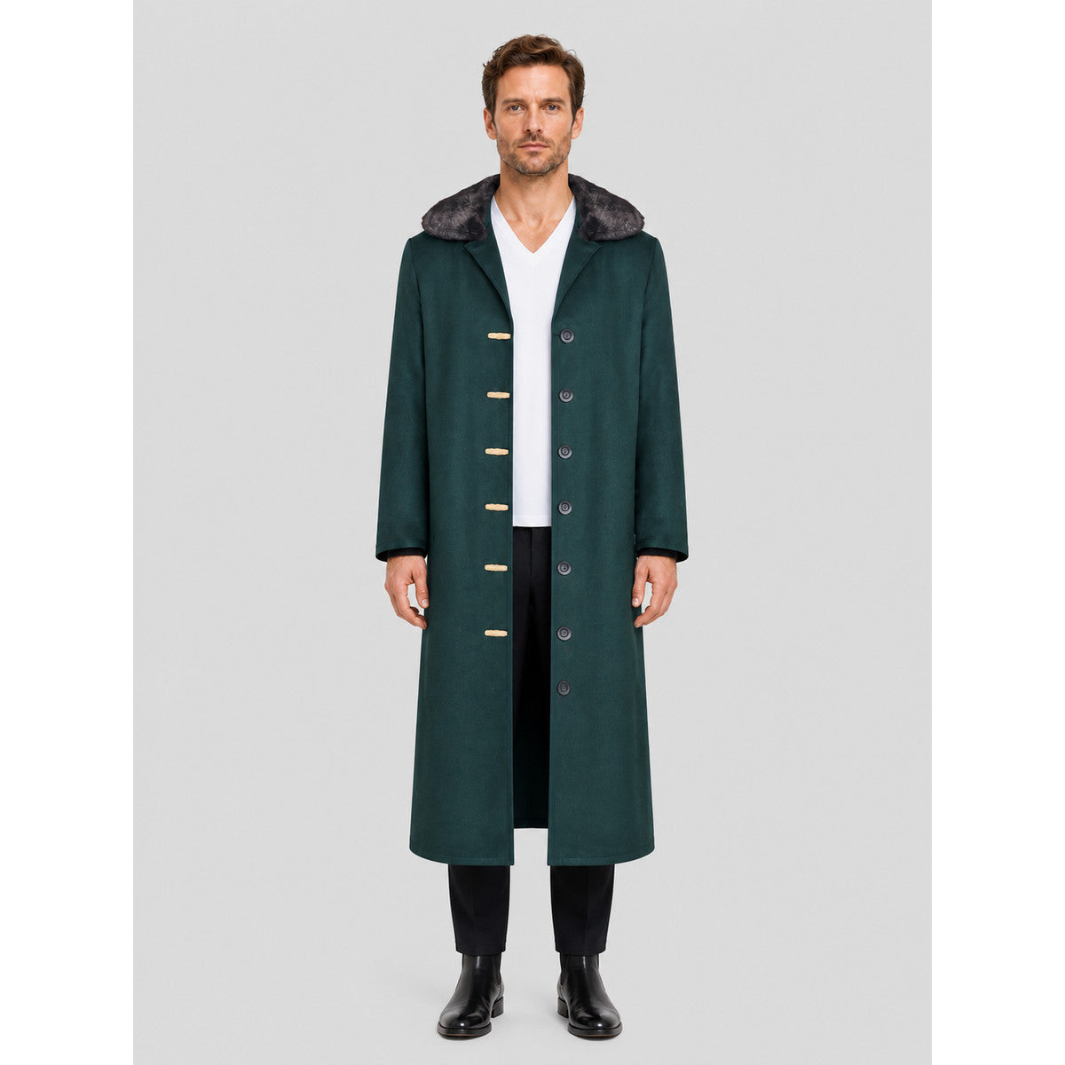 Dark Green Cosplay Coat with Fur Collar on-model view