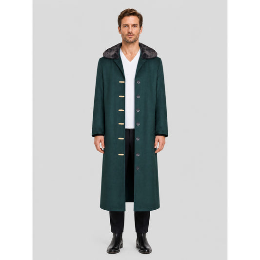 Dark Green Cosplay Coat with Fur Collar on-model view